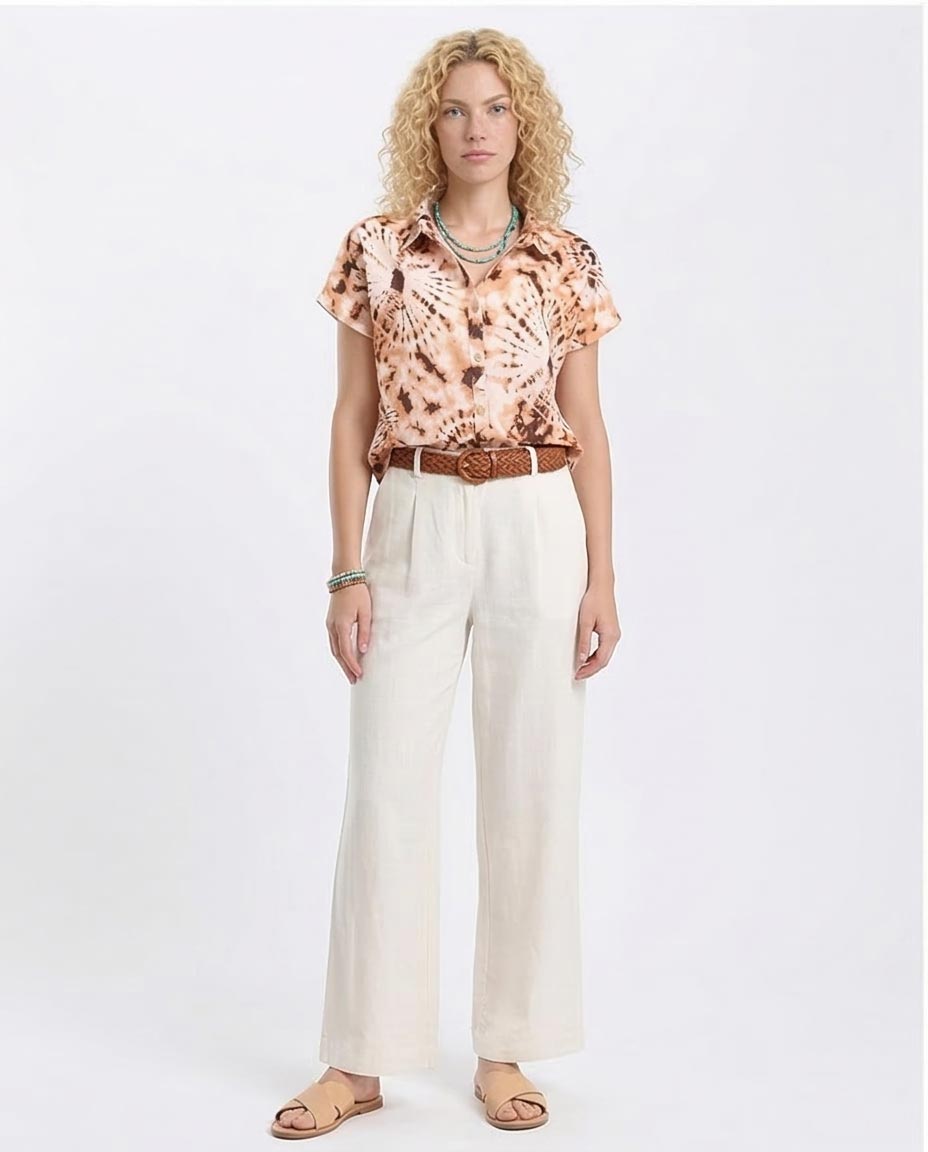 Ravin Women’s Earth-Tone Radial Tie-Dye Short Sleeve Linen-Look Shirt - Brown & Light Orange - R204845