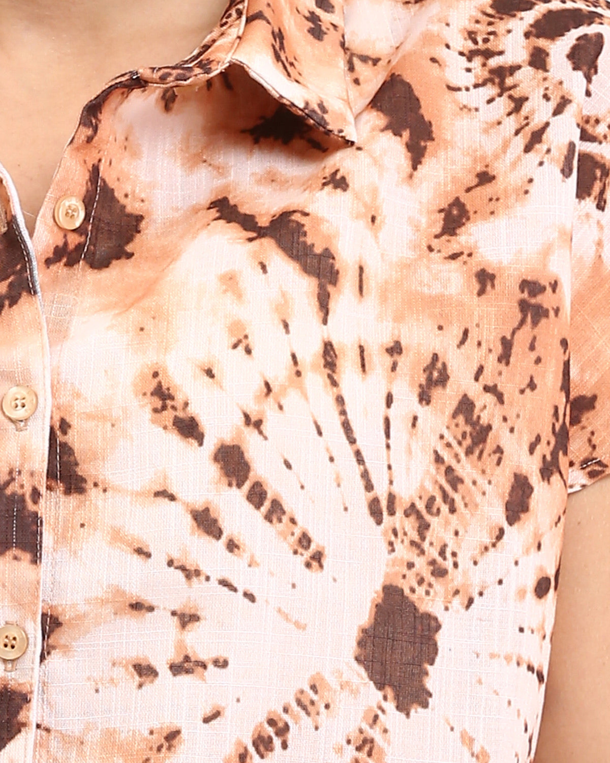 Ravin Women’s Earth-Tone Radial Tie-Dye Short Sleeve Linen-Look Shirt - Brown & Light Orange - R204845