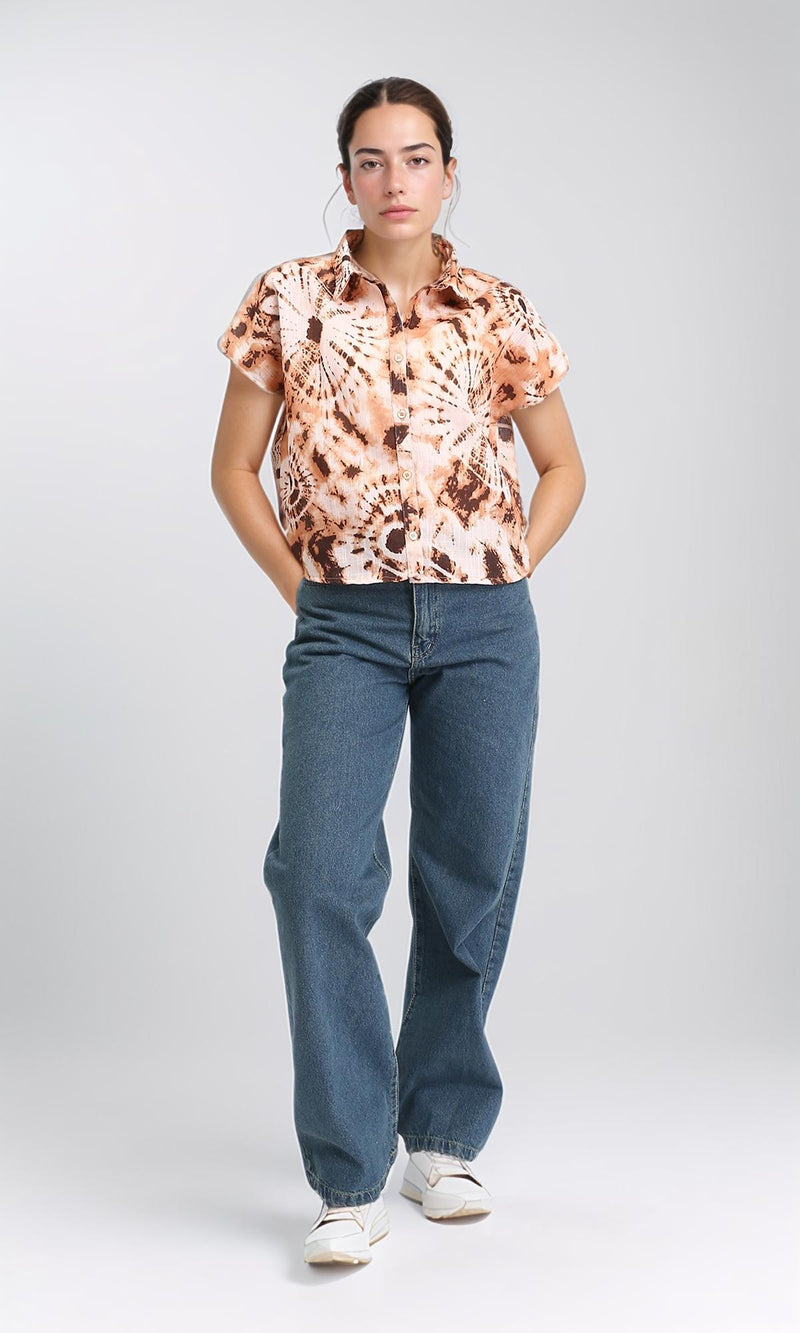 R204845 - Patterned Short Sleeves Relaxed Shirt - Brown & Light Orange