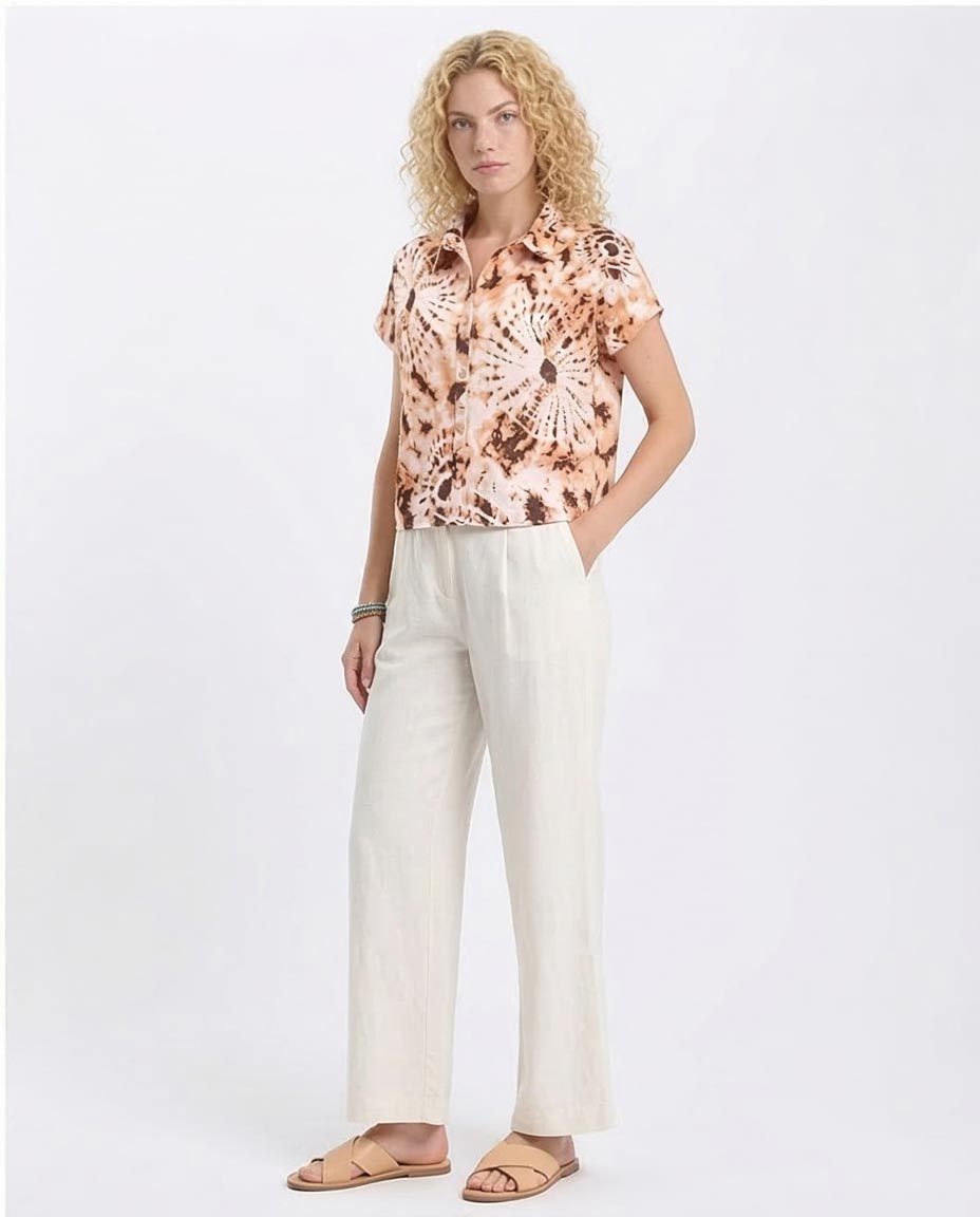 Ravin Women’s Earth-Tone Radial Tie-Dye Short Sleeve Linen-Look Shirt - Brown & Light Orange - R204845