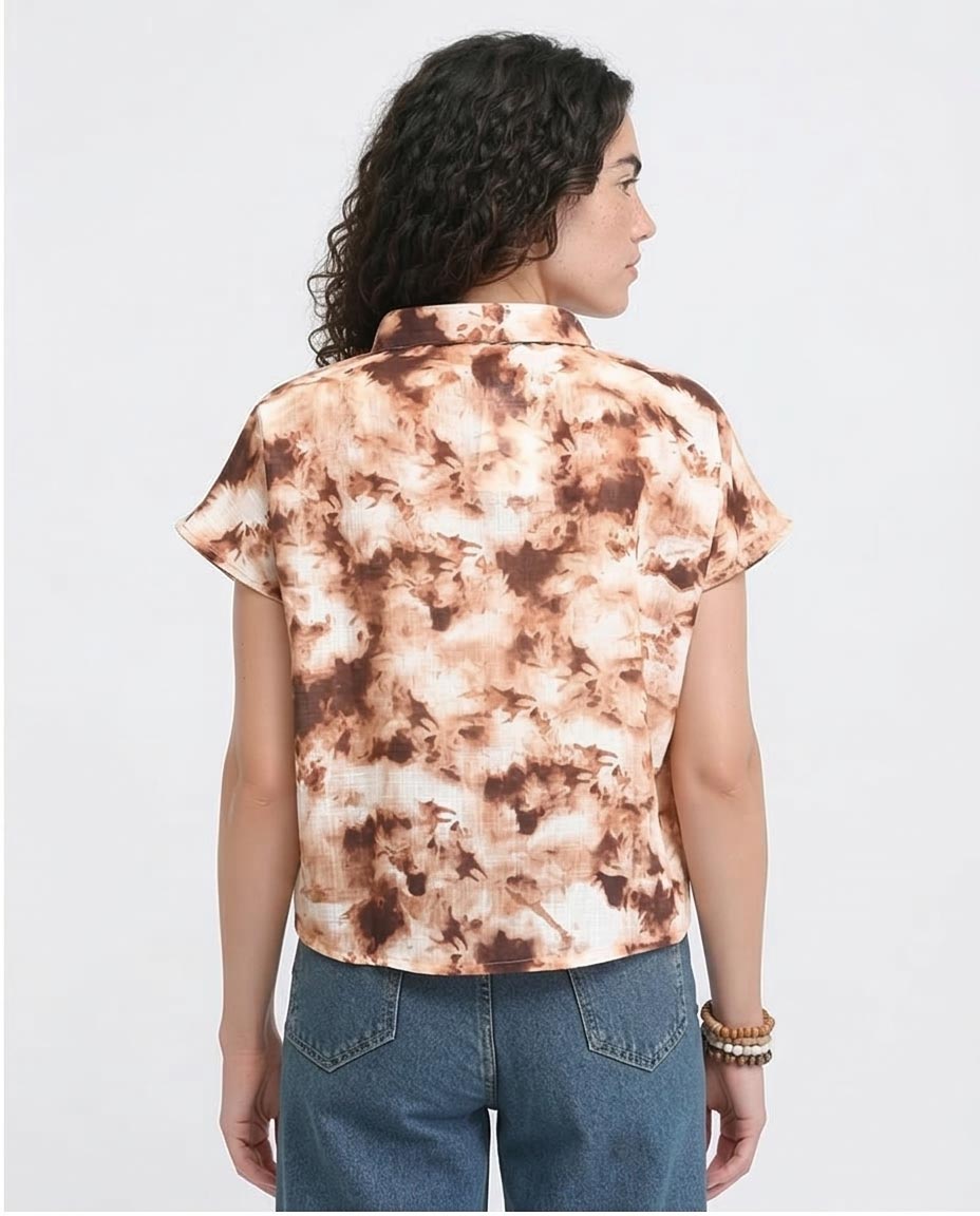 Ravin Women's Earth-Tone Abstract Print Crop Shirt - Brown & Light Orange - R204846