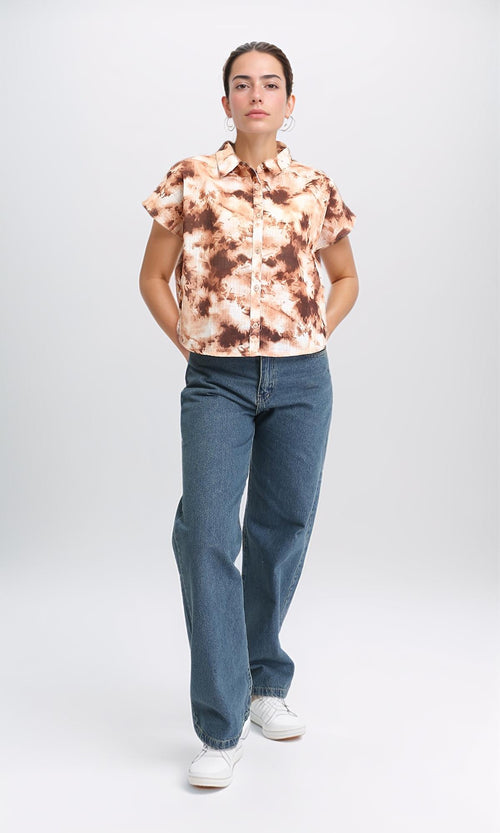 R204846 - Short Sleeves Regular Patterned Shirt - Brown & Light Orange