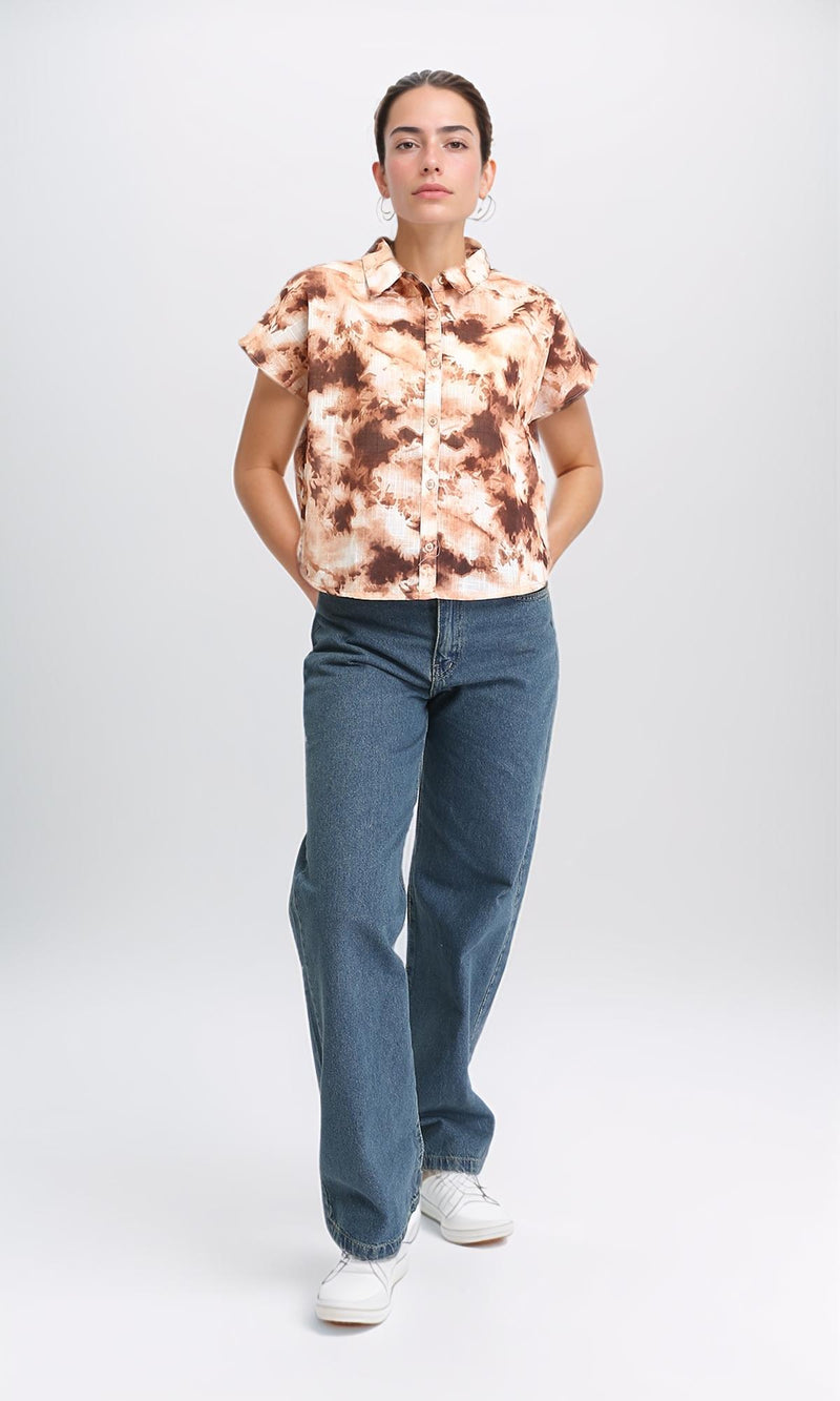 R204846 - Short Sleeves Regular Patterned Shirt - Brown & Light Orange