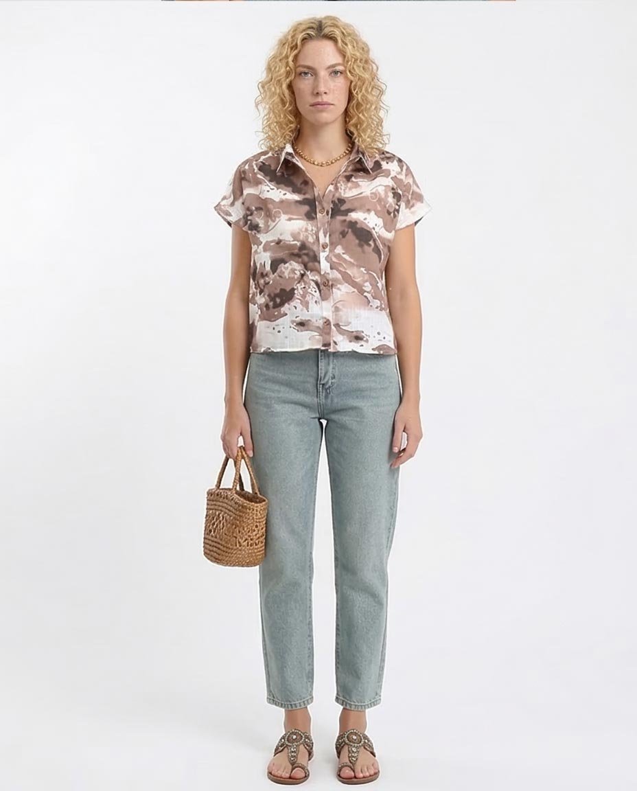 Ravin Women’s Abstract Earth-Tone Marble Print Button-Down Shirt – Craft Romantic Edition - Brown & Light Coffee - R204847