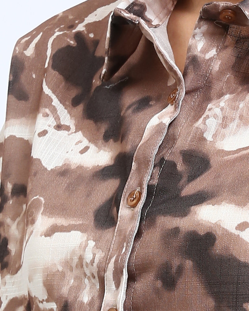 Ravin Women’s Abstract Earth-Tone Marble Print Button-Down Shirt – Craft Romantic Edition - Brown & Light Coffee - R204847