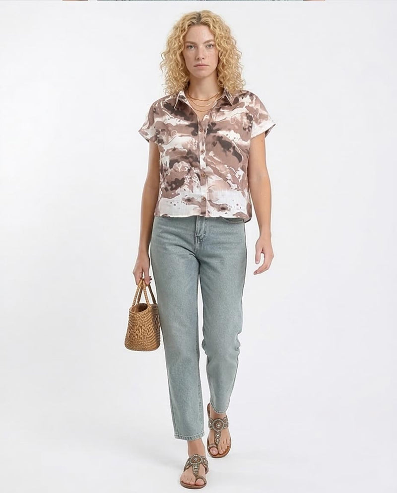 Ravin Women’s Abstract Earth-Tone Marble Print Button-Down Shirt – Craft Romantic Edition - Brown & Light Coffee - R204847