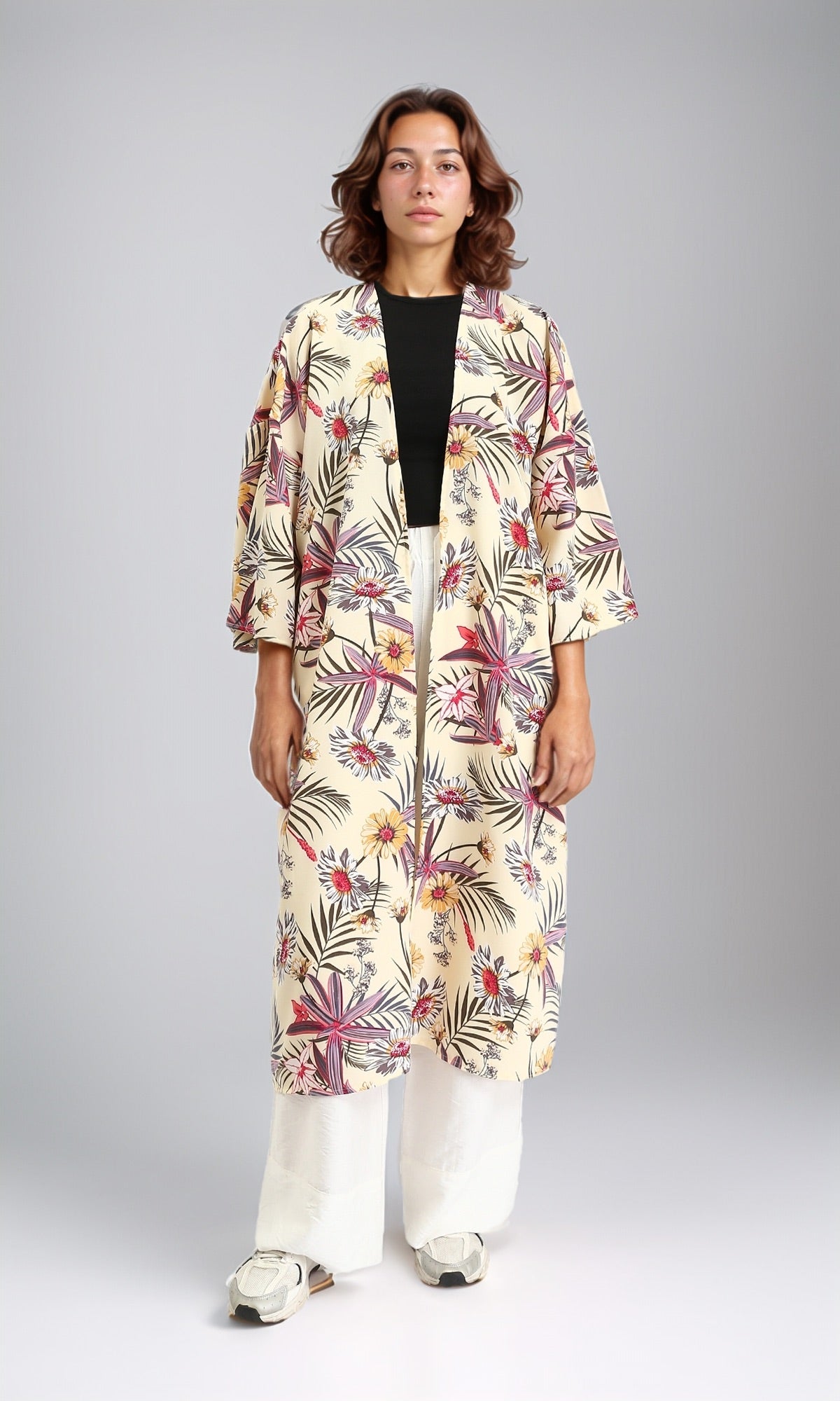 Floral Slip On Long Cardigan - Light Yellow & Red