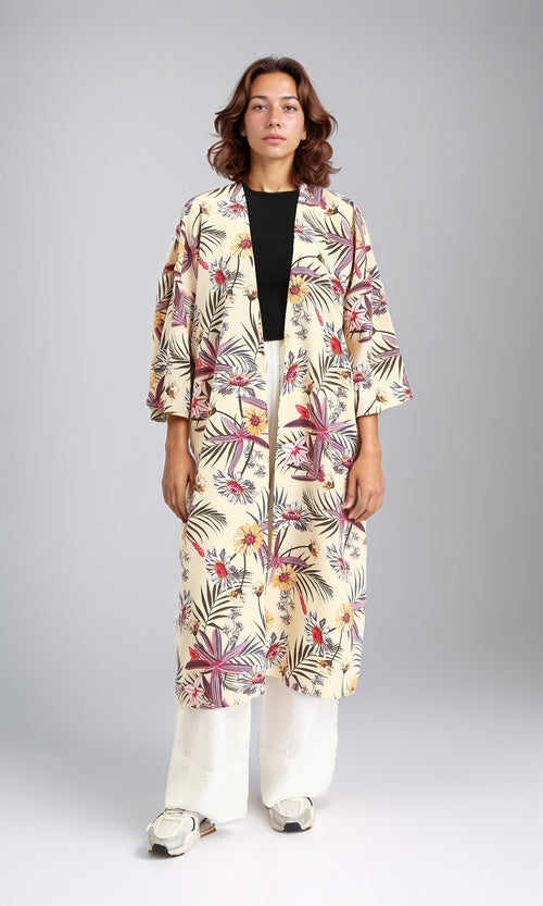 R204860 - Floral Slip On Long Cardigan - Light Yellow & Red