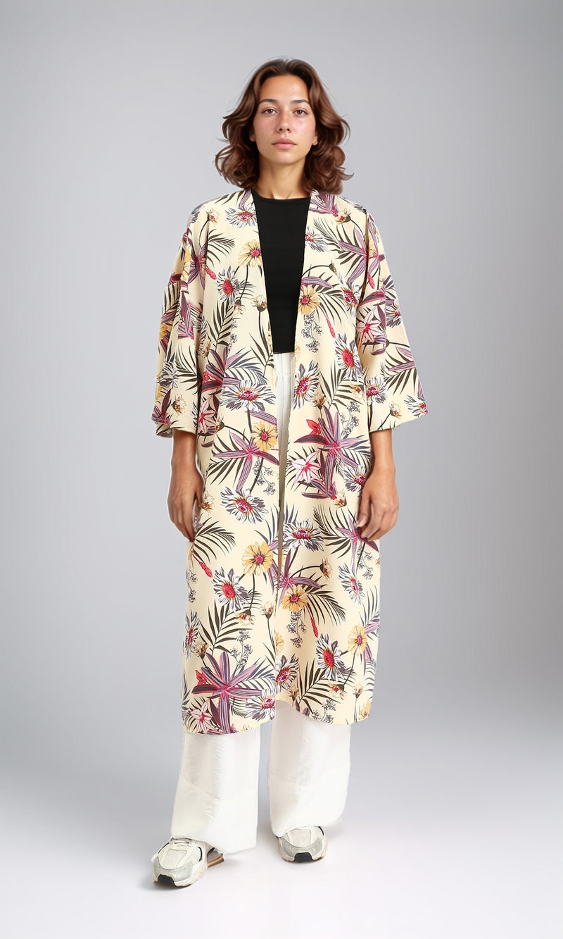 R204860 - Floral Slip On Long Cardigan - Light Yellow & Red