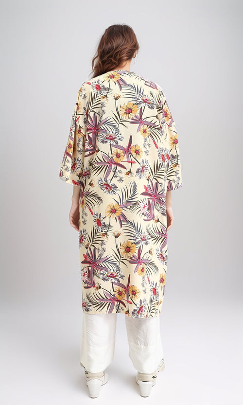 R204860 - Floral Slip On Long Cardigan - Light Yellow & Red
