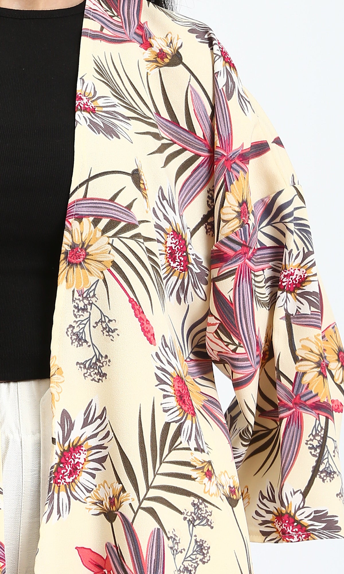R204860 - Floral Slip On Long Cardigan - Light Yellow & Red