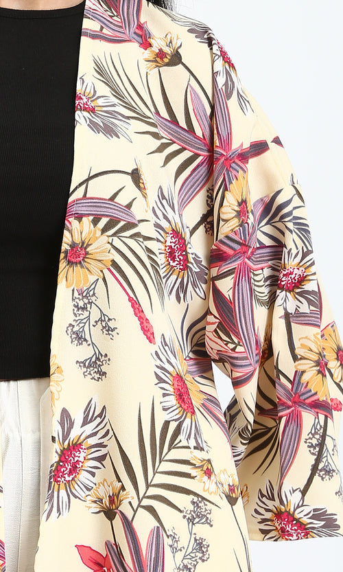 R204860 - Floral Slip On Long Cardigan - Light Yellow & Red