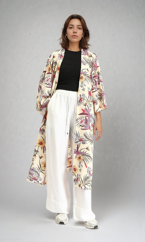 R204860 - Floral Slip On Long Cardigan - Light Yellow & Red
