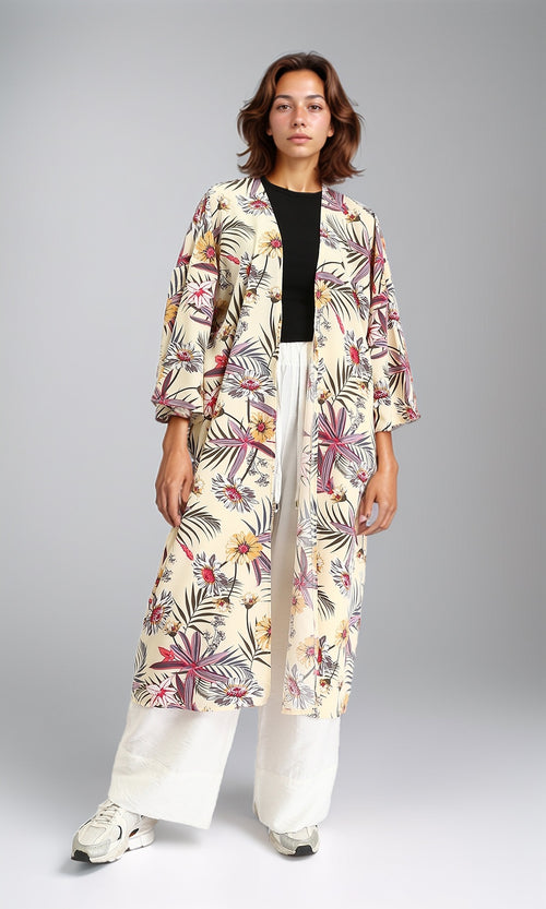 R204860 - Floral Slip On Long Cardigan - Light Yellow & Red