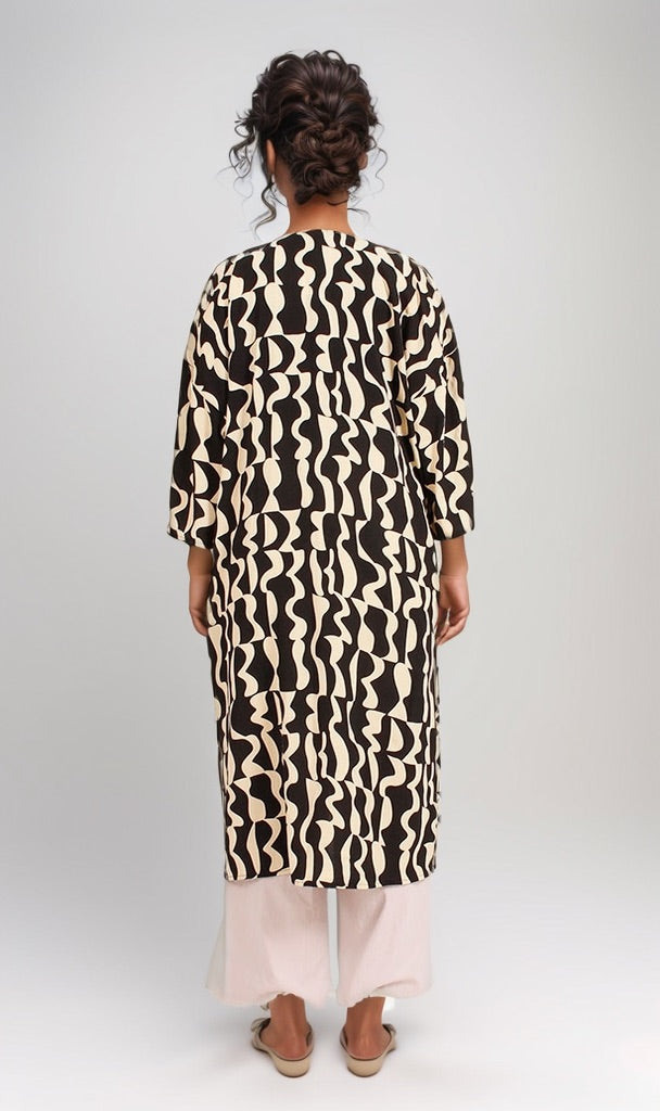 Abstract Print Open-Front Longline Cardigan