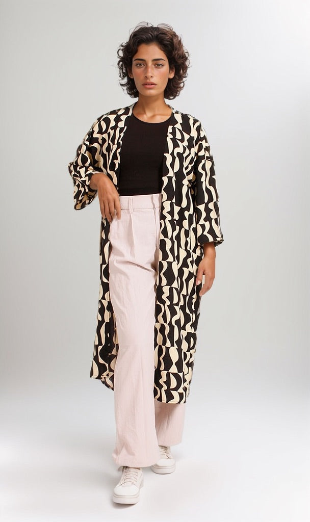 Abstract Print Open-Front Longline Cardigan