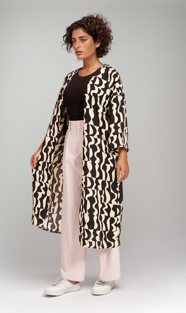 Abstract Print Open-Front Longline Cardigan