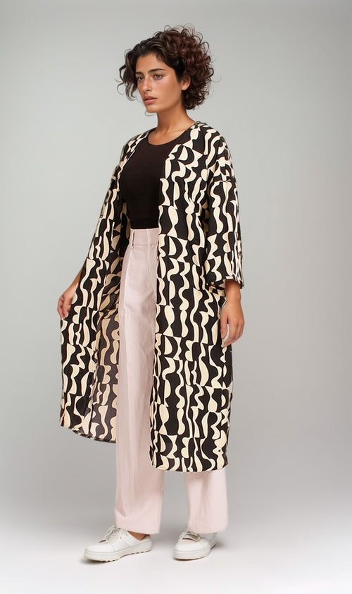 Abstract Print Open-Front Longline Cardigan