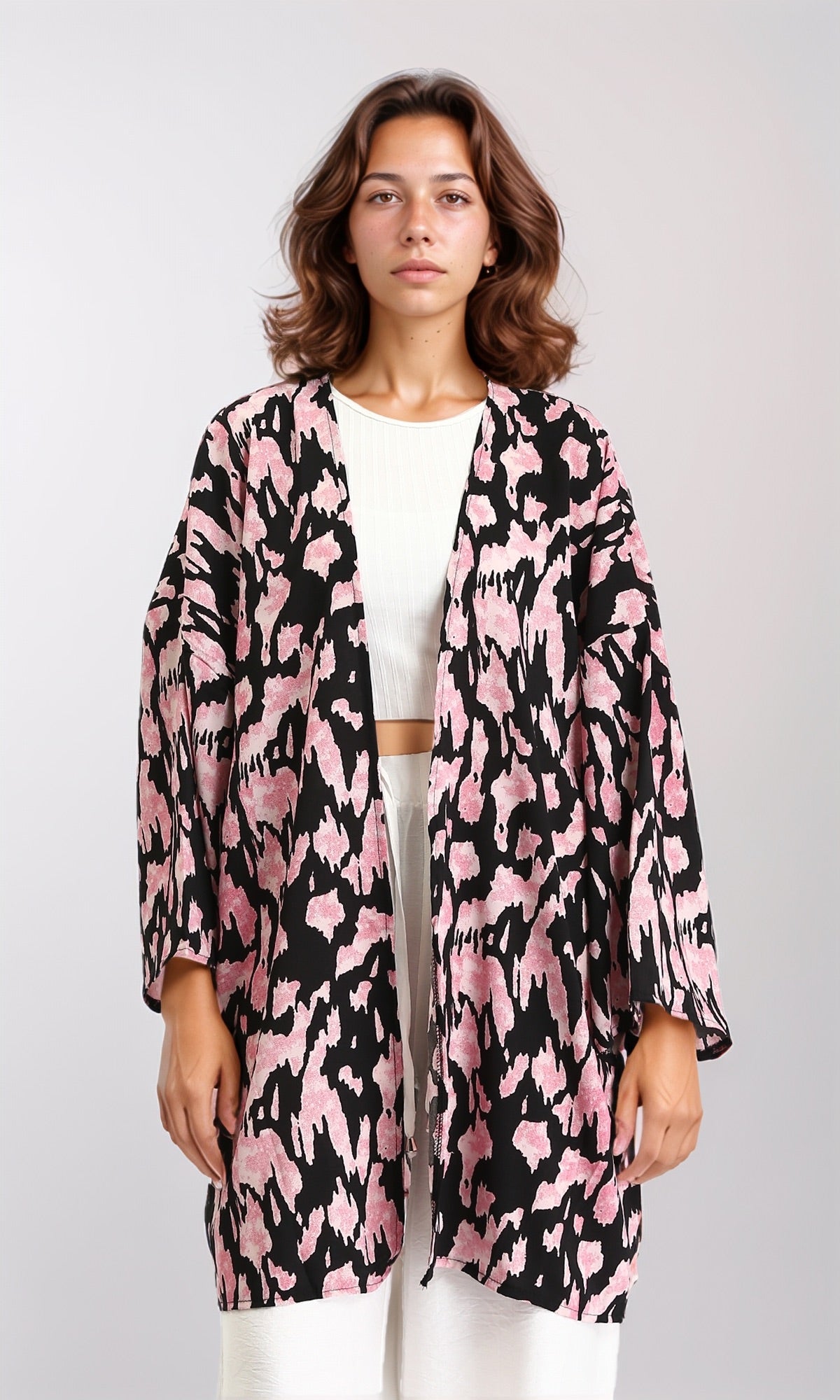 Patterned Open Neckline Cardigan - Pink & Black