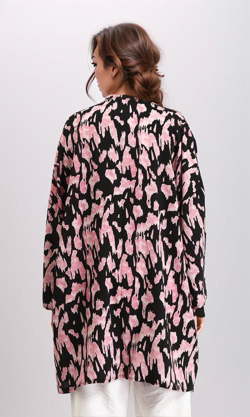 R204870 - Patterned Open Neckline Cardigan - Pink & Black