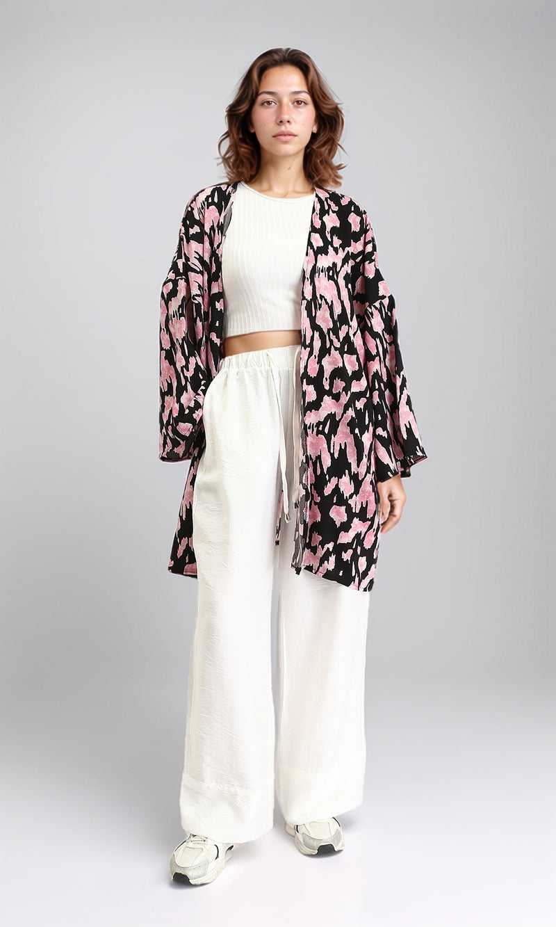 R204870 - Patterned Open Neckline Cardigan - Pink & Black