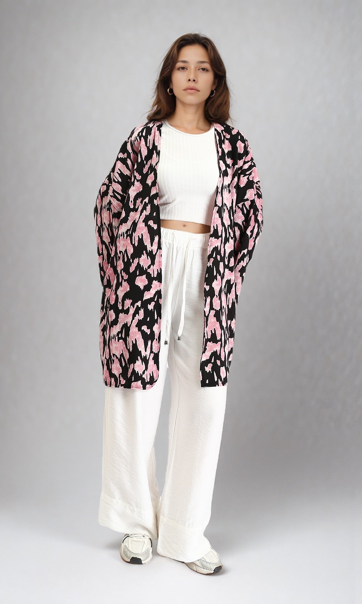 R204870 - Patterned Open Neckline Cardigan - Pink & Black