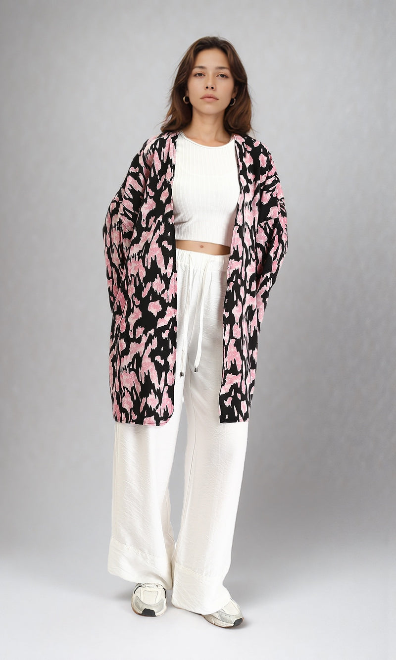 R204870 - Patterned Open Neckline Cardigan - Pink & Black