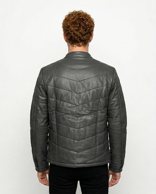 Ravin Men's Chevron Quilted Faux-Leather Racer Puffer Jacket - Dark Grey - R204877