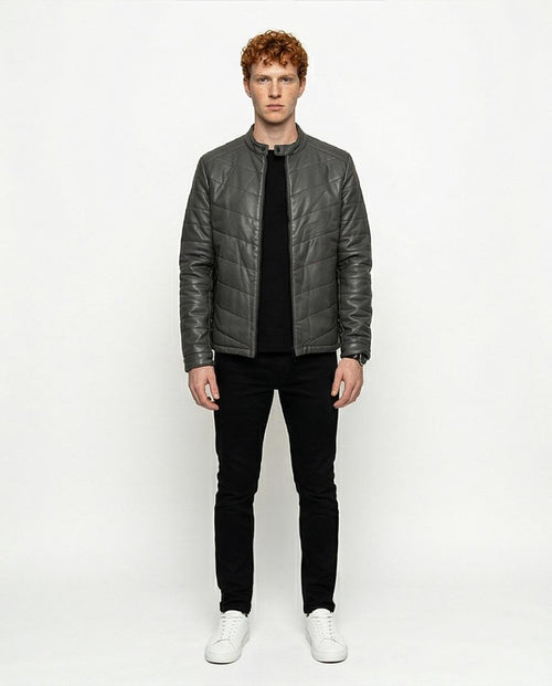 Ravin Men's Chevron Quilted Faux-Leather Racer Puffer Jacket - Dark Grey - R204877