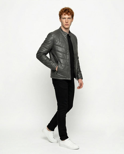 Ravin Men's Chevron Quilted Faux-Leather Racer Puffer Jacket - Dark Grey - R204877