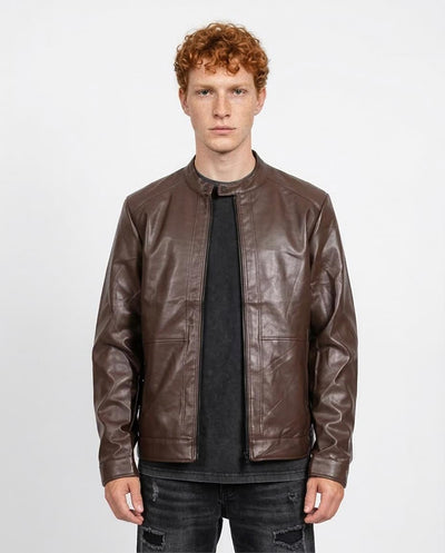 Man wearing a brown leather jacket on a white background
