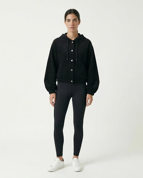 جاكيت هودي رياضي نسائي فاخر من ريفين - غاباردين أسود، بأزرار أمامية - R204999