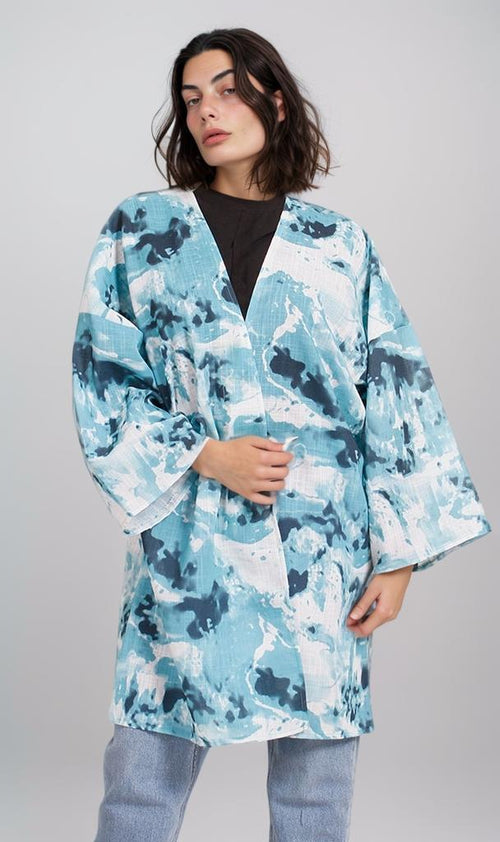 R205485 - Linen Printed Kimono - Blue Abstract Print