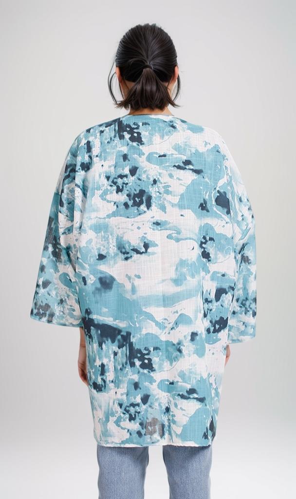 R205485 - Linen Printed Kimono - Blue Abstract Print