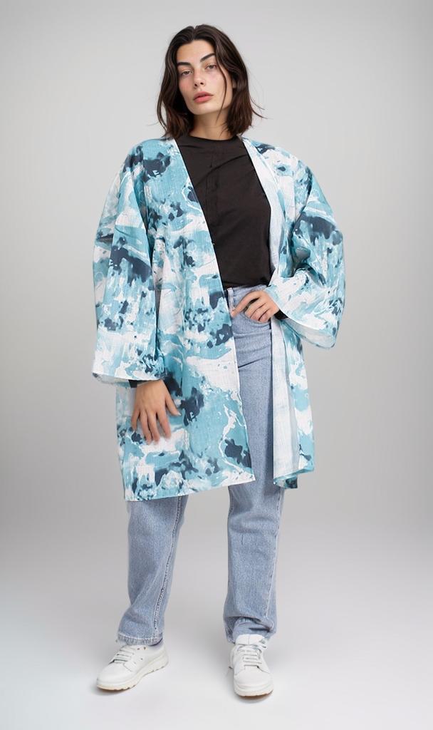 R205485 - Linen Printed Kimono - Blue Abstract Print