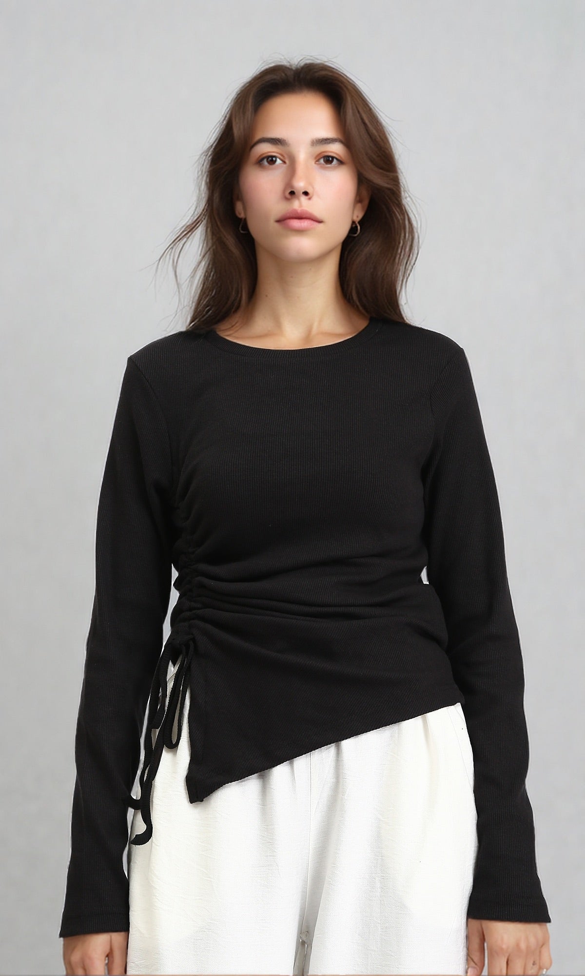 Long Sleeves Ribbed Top with Drawstring - Black
