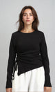 R205492 - Long Sleeves Ribbed Top with Drawstring - Black