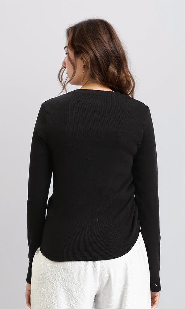 R205492 - Long Sleeves Ribbed Top with Drawstring - Black