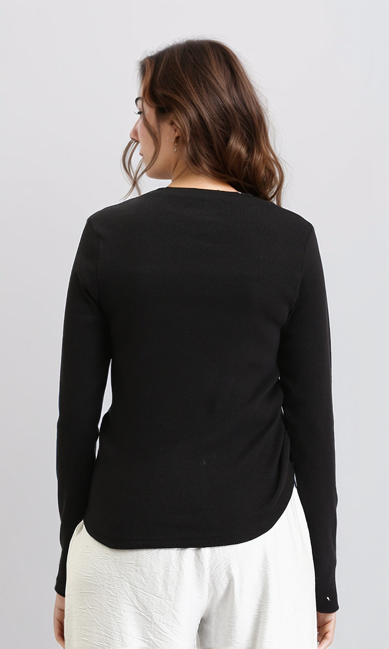 R205492 - Long Sleeves Ribbed Top with Drawstring - Black