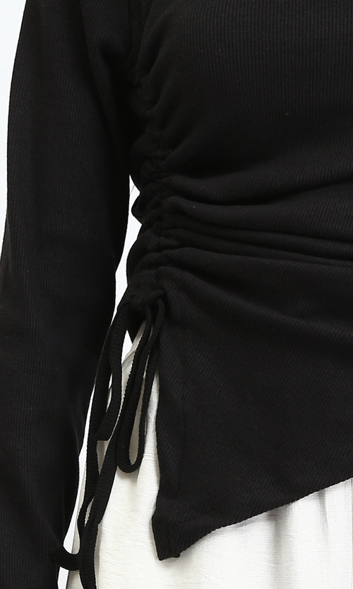 R205492 - Long Sleeves Ribbed Top with Drawstring - Black