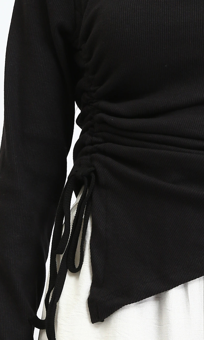 R205492 - Long Sleeves Ribbed Top with Drawstring - Black