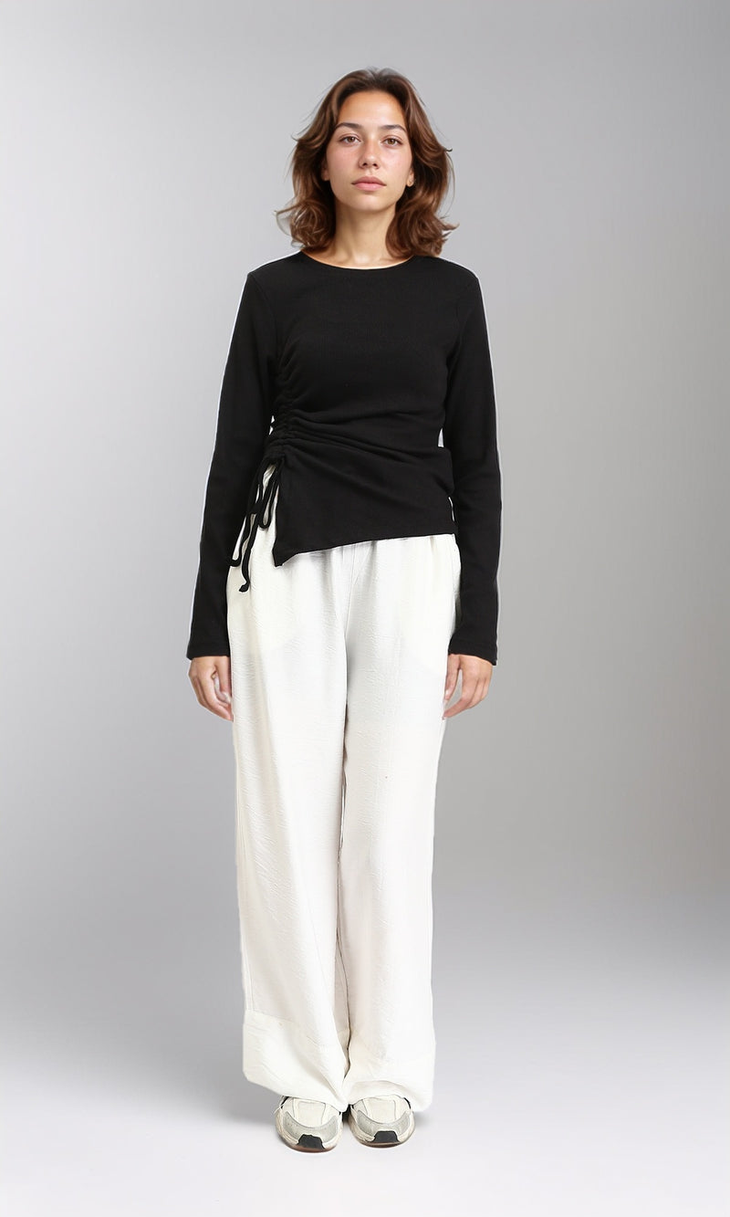 R205492 - Long Sleeves Ribbed Top with Drawstring - Black