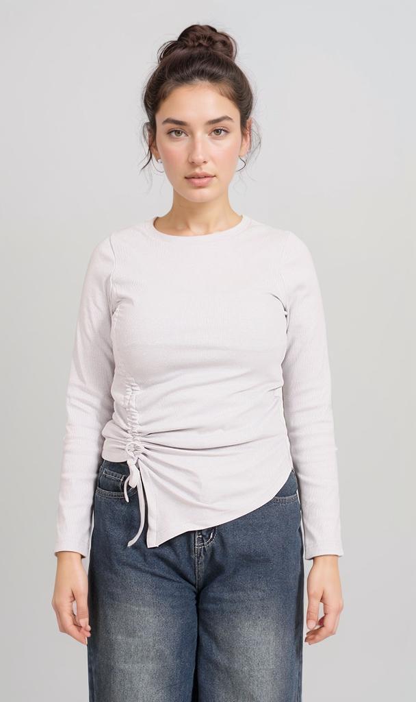 Long Sleeve Side-Ruched Tee - White