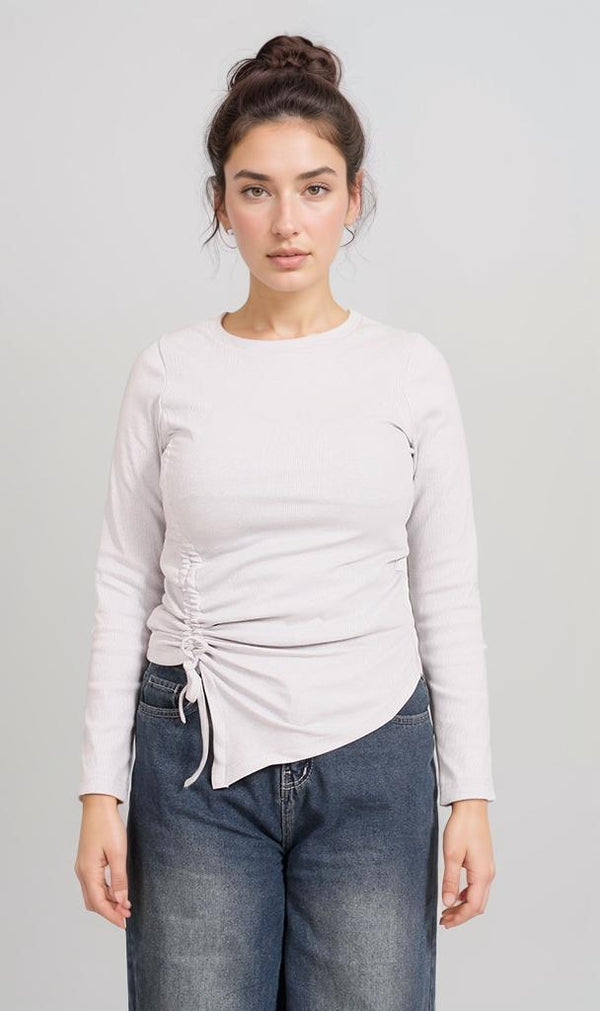 R205493-R205493 - Long Sleeve Side-Ruched Tee - White