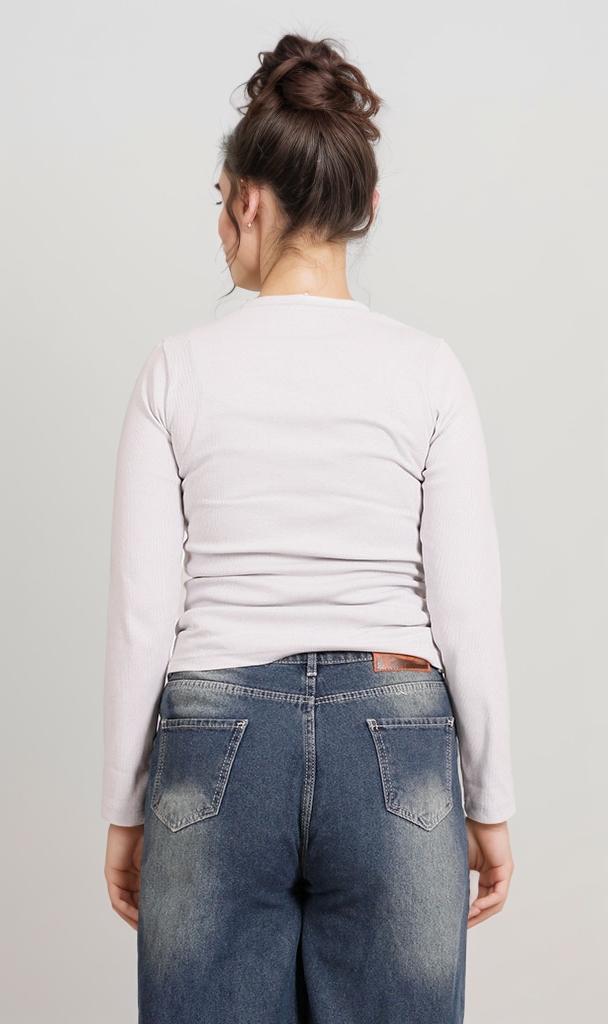 R205493-R205493 - تي شيرت بأكمام طويلة وتفاصيل مزمومة على الجانب - أبيض