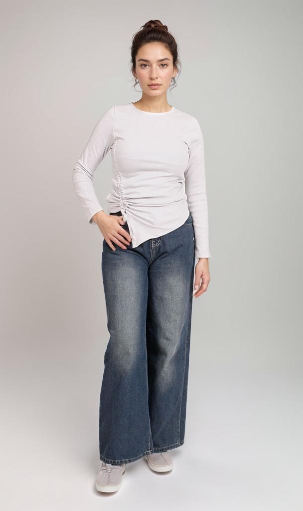 R205493-R205493 - تي شيرت بأكمام طويلة وتفاصيل مزمومة على الجانب - أبيض