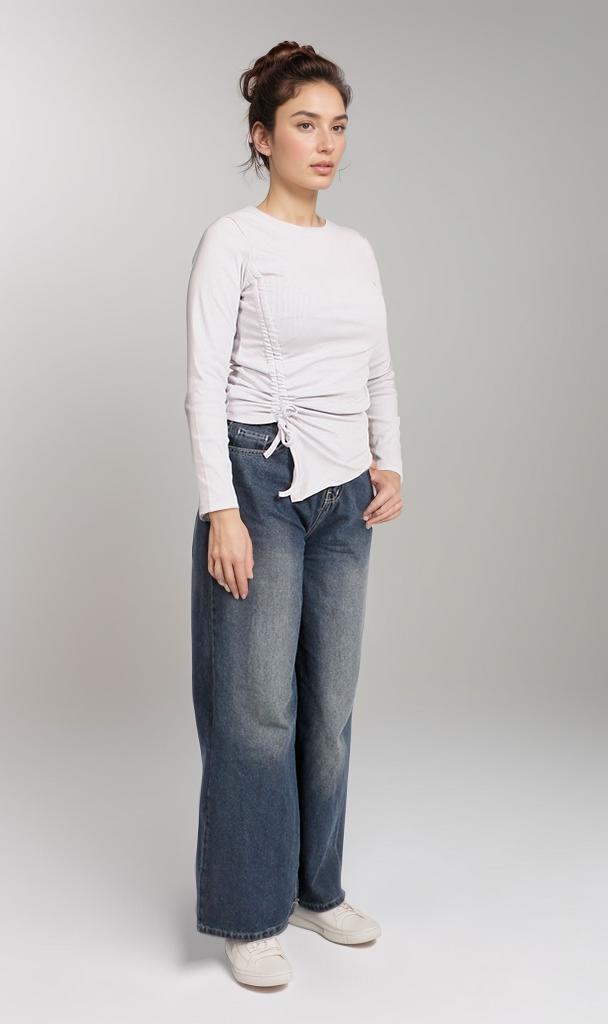 R205493-R205493 - تي شيرت بأكمام طويلة وتفاصيل مزمومة على الجانب - أبيض