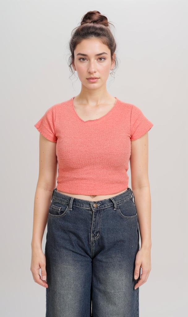 R205494-R205494 - Ribbed Fitted Crop Top - Coral