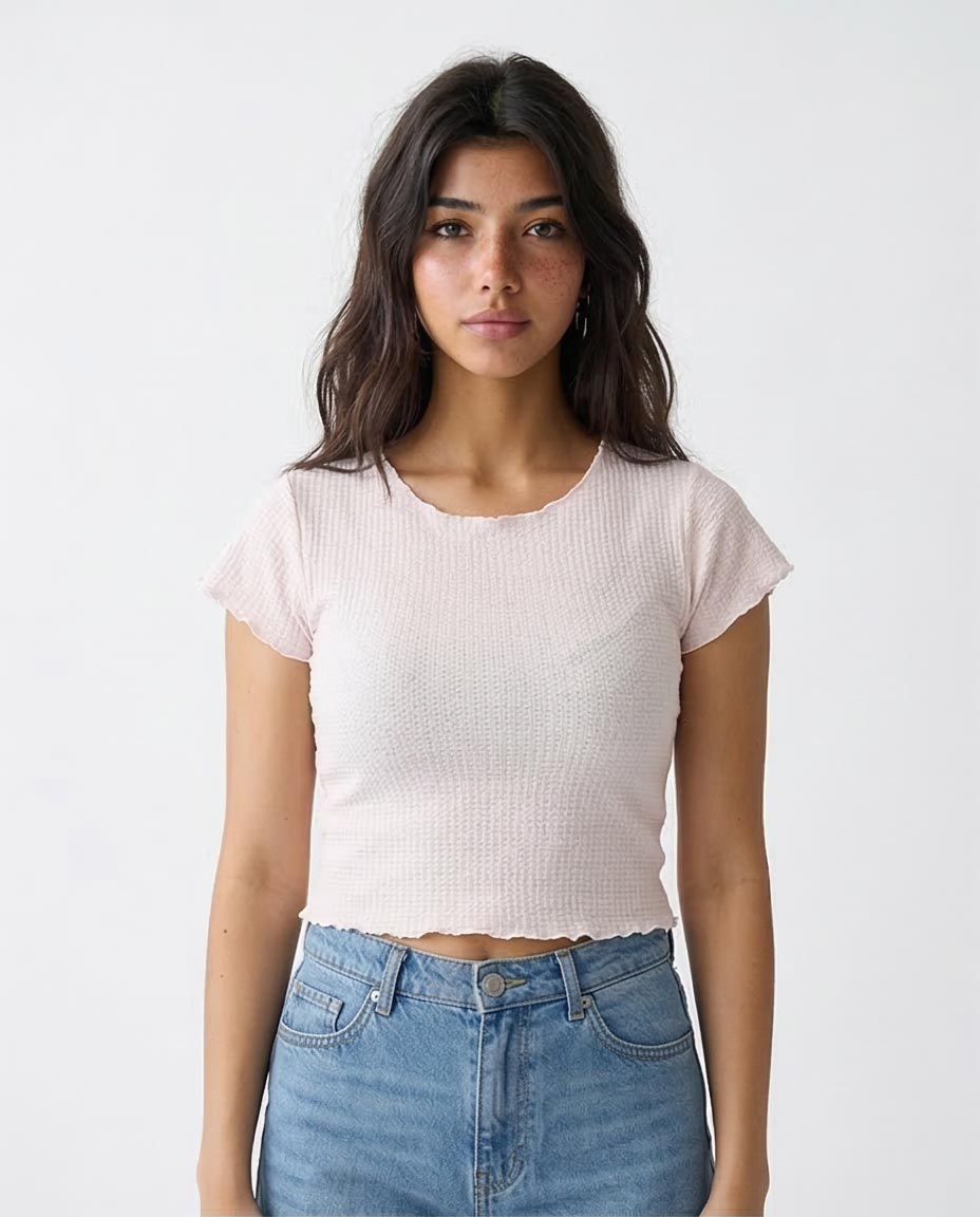 Women's Textured Lettuce-Edge Cropped Tee - Off White