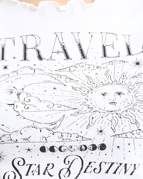RAVIN Celestial Graphic Lettuce-Edge Ribbed Baby Tee - White - R205509 -